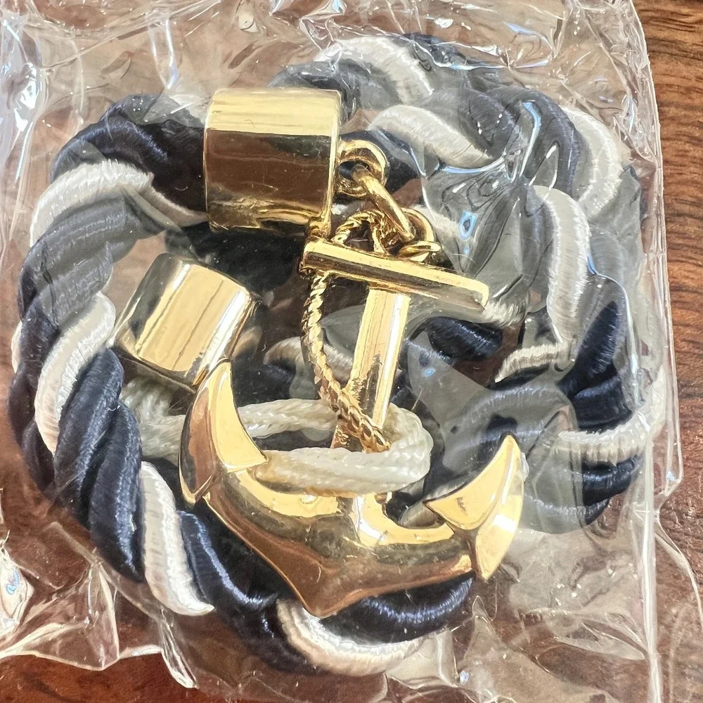 Avon Nautical Anchor Cord Bracelet NOS in Box Navy White Rope w/ Gold Anchor‎